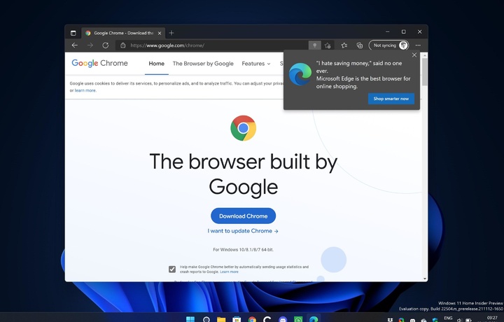 Windows убеждает не устанавливать браузер Chrome