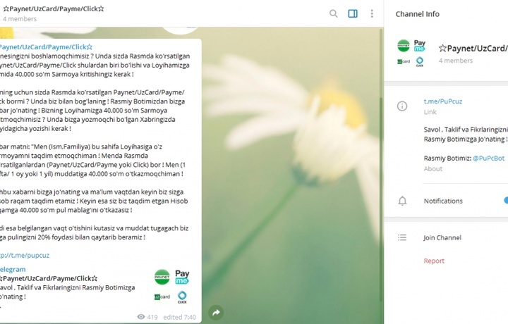 «UzCard» telegramda uya qurgan firibgarlardan ogohlantirdi