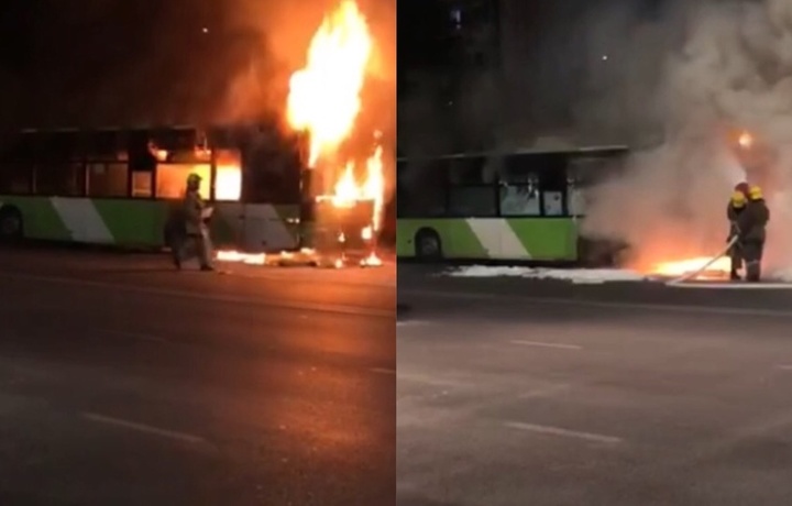 Тошкентда йўловчи автобуси ёниб кетди (видео)