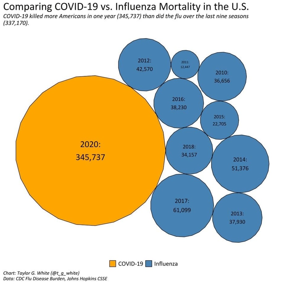 АҚШда COVID-19 қурбонлари сони 2020 йилда сўнгги тўққиз йилдаги грипп қурбонлари сонидан ошиб кетди (инфографика)