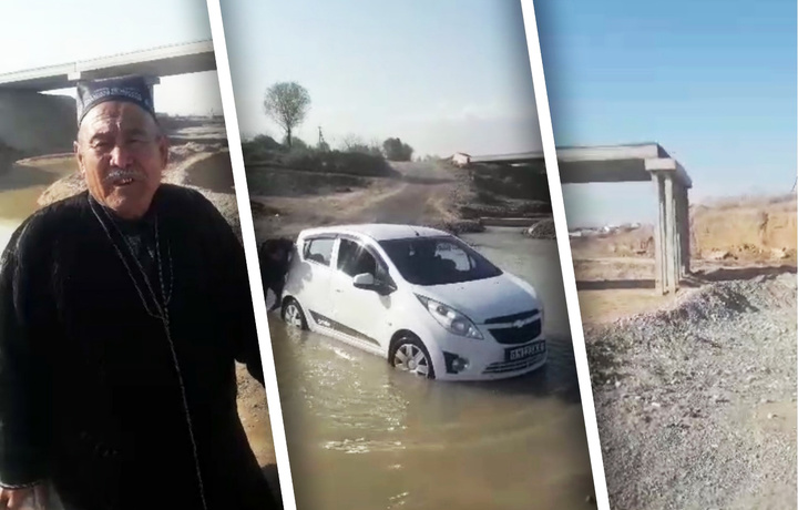 «Suv kechib o‘tishga majbur» — Sherobodda ko‘prik bitmasdan qolib ketdi (video)